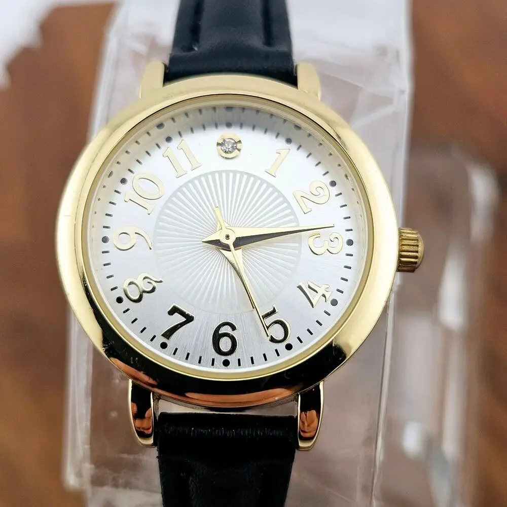 Gold Tone Women's Minimalist Contemporary Watch Black Faux Leather Band Classic